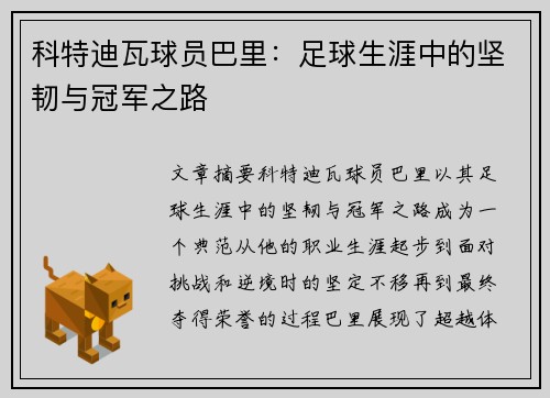 科特迪瓦球员巴里：足球生涯中的坚韧与冠军之路