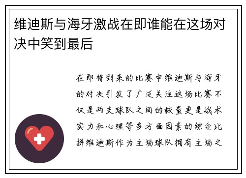 维迪斯与海牙激战在即谁能在这场对决中笑到最后